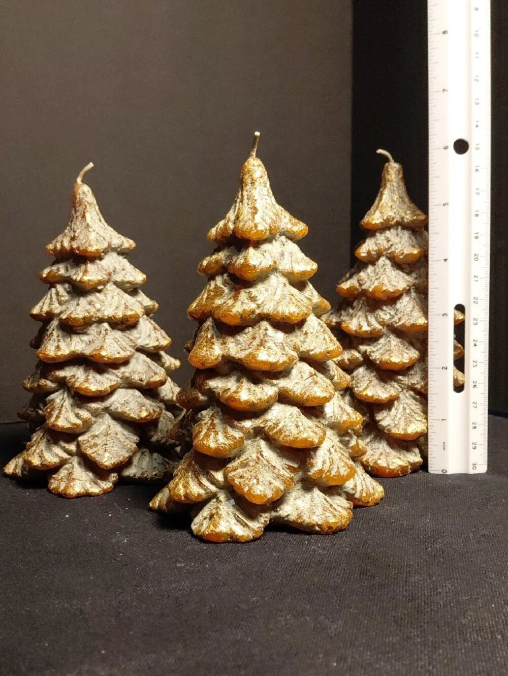 POTTERY BARN ANTIQUE GOLD FIR CHRISTMAS TREE CANDLE TRIO